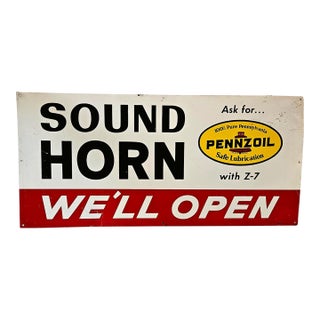 Vintage 1969 Pennzoil "Sound Horn We'll Open" Metal Gas Station Sign For Sale