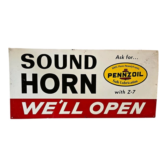 Vintage 1969 Pennzoil "Sound Horn We'll Open" Metal Gas Station Sign For Sale