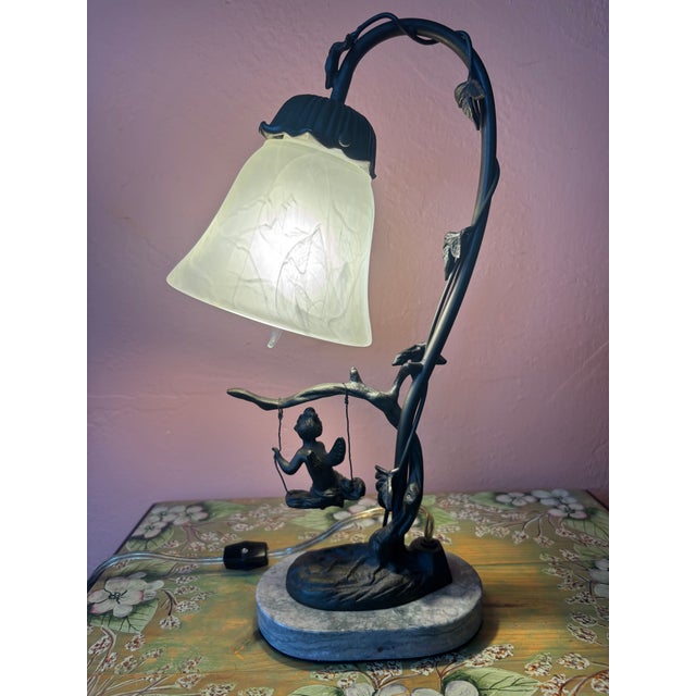 Figurative 1930s Art Nouveau Cast Bronze Fairy on Swing Ivy Andrea Sadek For Sale - Image 3 of 6