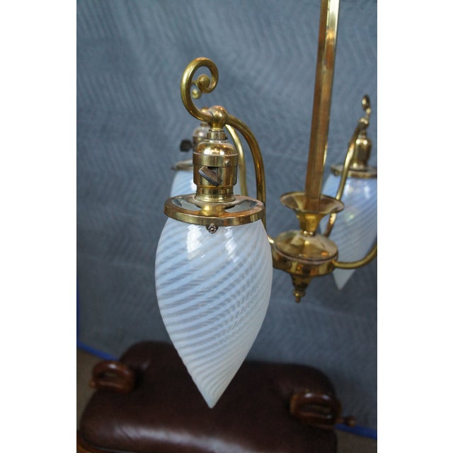 Antique Victorian Hubbell Opalescent Swirl Glass 4 Light Pendant Chandelier 38" For Sale - Image 4 of 14