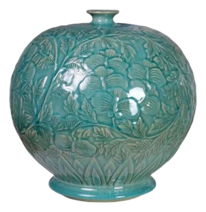 Hand-Carved Floral Globe Vase Finished in Turquoise Crackle Glaze by Pottery 12, Hanoi Studio Art Ceramic