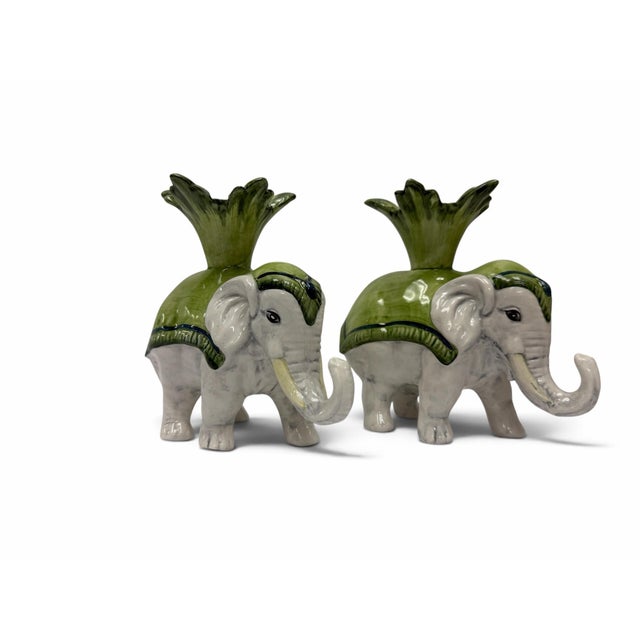 Chinoiserie Signed Vintage Scully & Scully Italian Ceramic Elephant Candlestick Holders - A Pair For Sale - Image 3 of 5