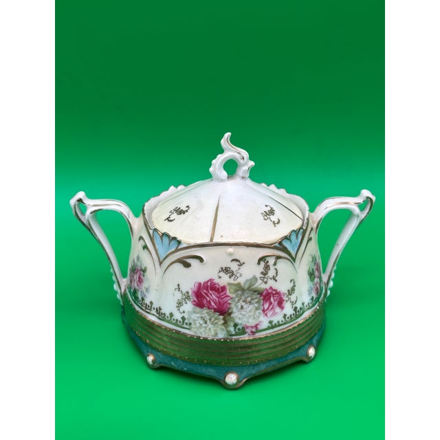 1910s Antique Rs Prussia Rose & Peony Art Deco Style Creamer and Covered Sugar Set For Sale - Image 5 of 12