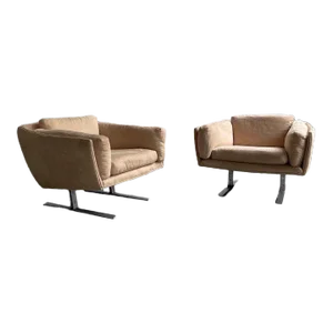 1970s Mid Century Modern Ultrasuede Chrome Club Chairs - Set of 2