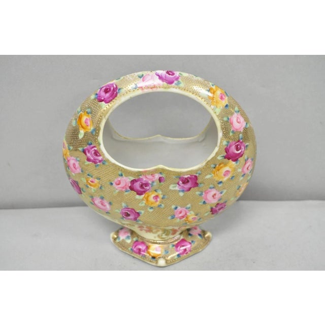 Chinoiserie Antique Japanese Nippon Hand Painted Porcelain Gold Gilt Handle Moon Basket Vase For Sale - Image 3 of 17
