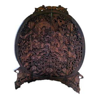 1930s Chinese Ornate Large Round Carved Teak Wood Equestrian Screen Divider For Sale