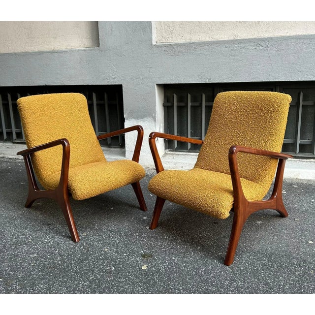 Wood Set of Lounge Chairs with Dark Wood Frame and Yellow Bouclé Fabric, 2000s For Sale - Image 7 of 7