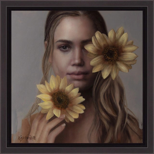 This oil on panel work features a serene portrait of a young woman partially obscured by large sunflowers, creating a...