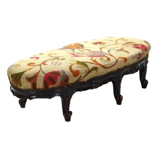 Antique Louis XIV Style Carved Walnut Tapestry Long Footstool C1890 For Sale