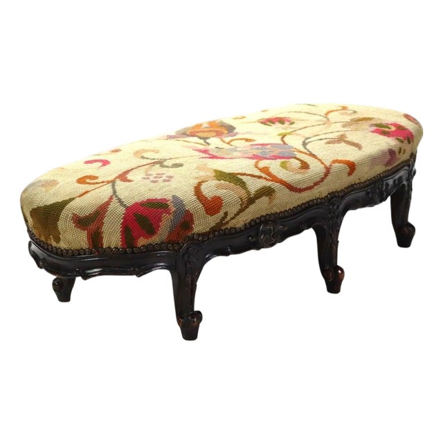 Antique Louis XIV Style Carved Walnut Tapestry Long Footstool C1890 For Sale