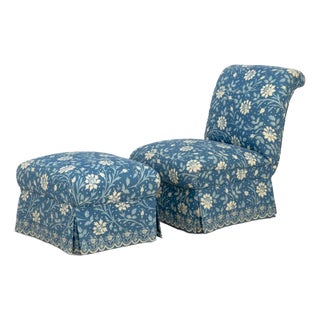 Blue Floral Print Upholstered Chair & Ottoman For Sale