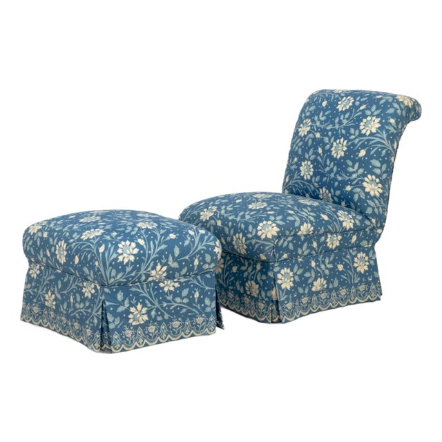 Blue Floral Print Upholstered Chair & Ottoman For Sale