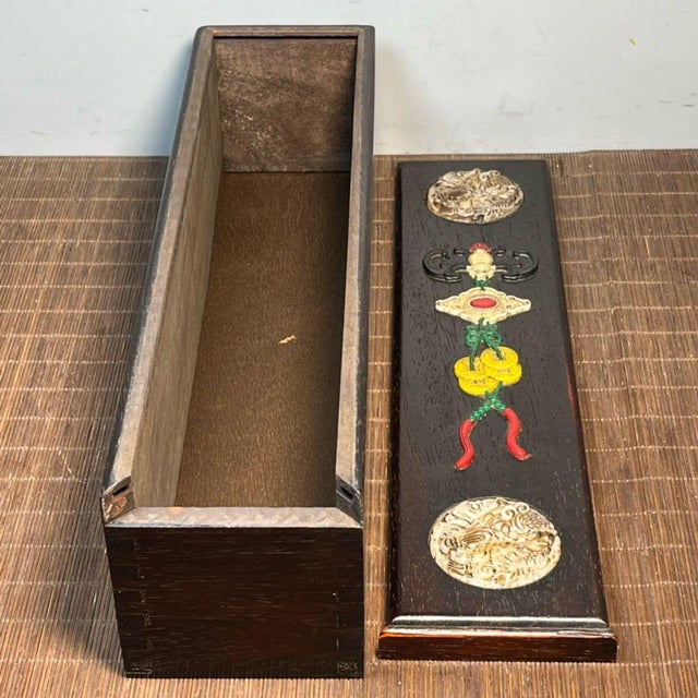 Vintage Ebonized Wood Carved Box | Chinese Auspicious Knot Inlay | Dragon Trinket Box For Sale - Image 4 of 9