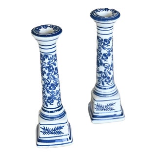 Late 20th Century Blue & White Candlestick Holders - a Pair For Sale