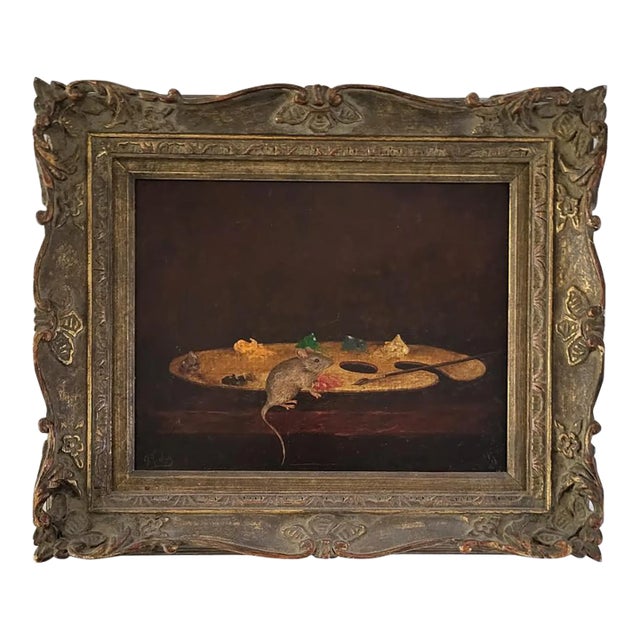 Antique French Signed Oil Painting Mouse on Artist Palette - Signed Friday For Sale