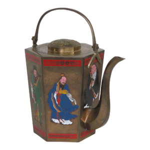 Japanese Brass Samurai Enamel Hexagon 6 Panel Tea Pot Made in Taiwan 4405b