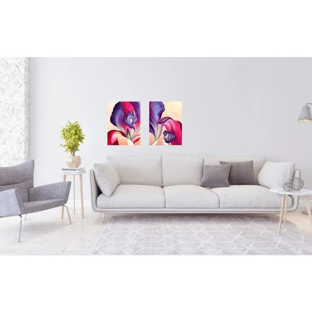 Textile Set of 2 Original Floral Oil Paintings, Cropped Iris Diptych by Kathleen Ney For Sale - Image 7 of 10