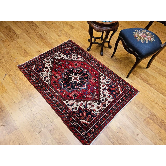 Vintage Persian Heriz Rug, Hand-Knotted Wool, Geometric Medallion Pattern, Red & Ivory, 3x5 For Sale - Image 17 of 17