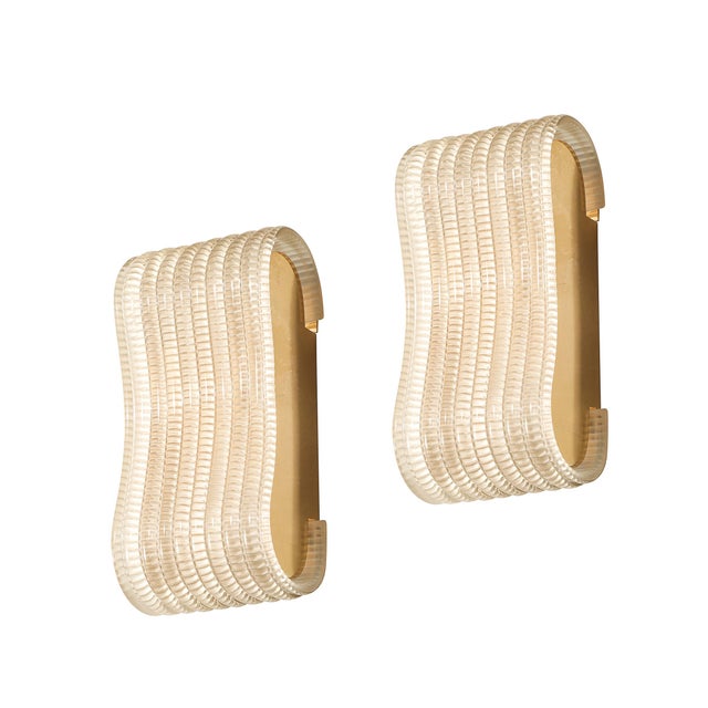 Modern Pair of Hand-Blown Undulating Reeded Murano Glass Sconces With Brass Fittings For Sale - Image 3 of 18