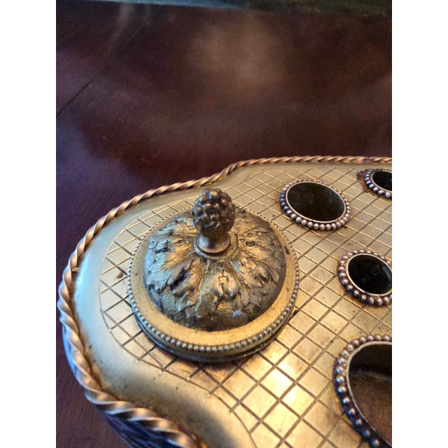 A very fine vintage pre mid century era jewelry box with inkwell ormolu bronze top . Exquisite meissen porcelain quality...