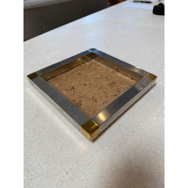 Modern Vintage Cork and Metal Tray With Brass Corner Accents For Sale - Image 3 of 7