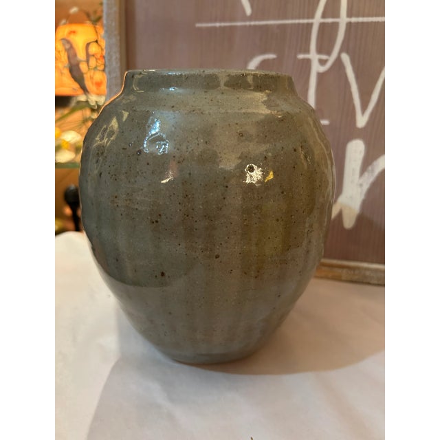 1980s Vintage Rustic Weathered Look Green Glazed Pottery Vase For Sale - Image 4 of 6