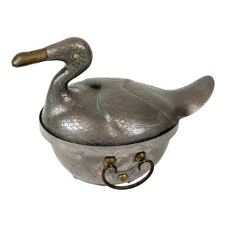 19th Century Handcrafted Duck Pewter Container With Jade Eyes For Sale