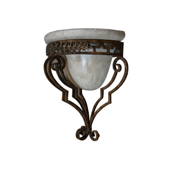 English Late 20th Century Maitland Smith Wrought Iron Tesselated Stone Marble Wall Sconce Light For Sale - Image 3 of 11