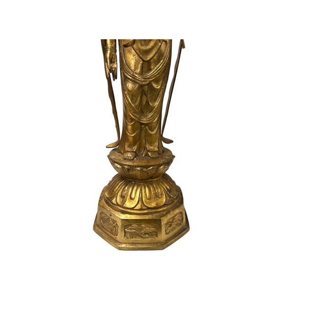 Oriental Metal Bronze Kannon Guan Yin Bodhisattva Holding Lotus Statue For Sale - Image 13 of 14