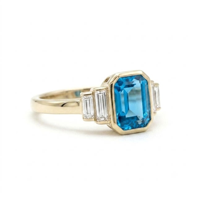 Contemporary Swiss Blue Topaz Engagement Ring | Emerald Cut Blue Gemstone Ring Us 7 For Sale - Image 3 of 3