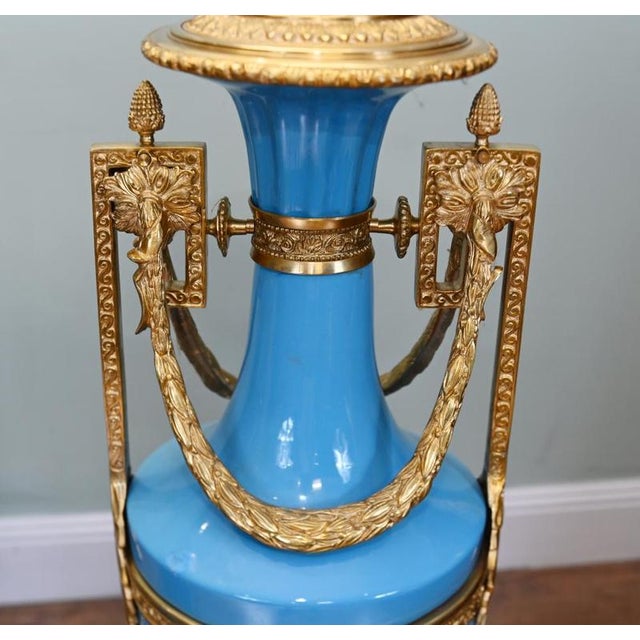 Blue Empire Revival French Classical Porcelain Ormolu Urns, Set of 2 For Sale - Image 8 of 11