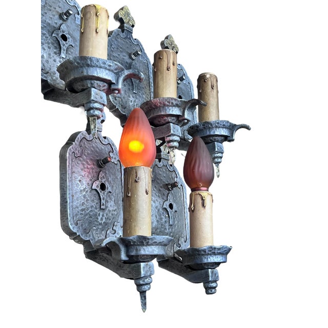 1910s 1910s Bare Bulb 4 + 1 Hammered Wall Sconces Storybook or Spanish Revival Mission Style #2598 For Sale - Image 5 of 14