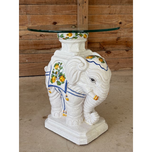 White Vintage Italian Glazed Terracotta Elephant Side Table With Hand-Painted Details and Attached Glass Top For Sale - Image 8 of 11