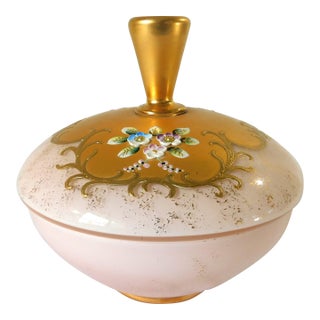 Moser Bohemian Pink & Gold Encrusted Floral Enamel Art Glass Covered Compote For Sale