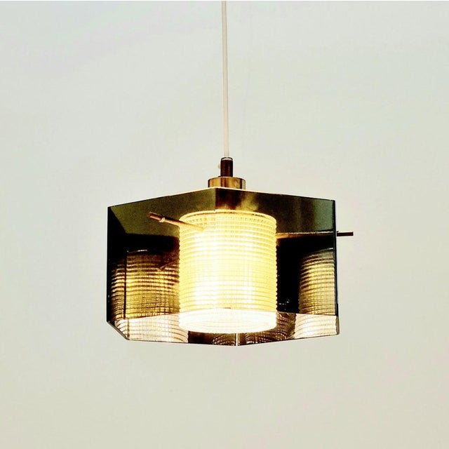 Mid-Century Scandinavian Glass and Brass Pendant attributed to Carl Fagerlund for Orrefors, Sweden, 1960s For Sale - Image 6 of 11
