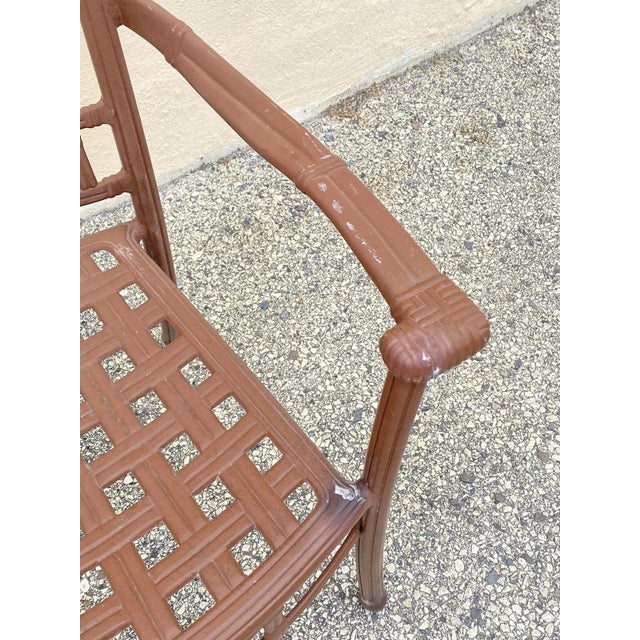 Late 20th Century Cast Aluminum Basket Weave Lattice Rattan Metal Patio Outdoor Arm Chair For Sale In Philadelphia - Image 6 of 10