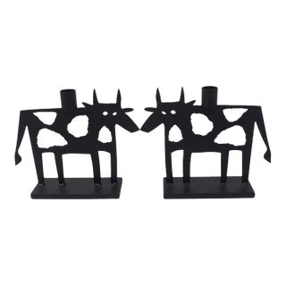 VTG Pair Metal Art Abstract Cow Candle Holders Sculptures Black Far Side Heavy For Sale