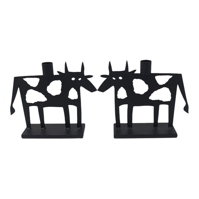 VTG Pair Metal Art Abstract Cow Candle Holders Sculptures Black Far Side Heavy For Sale