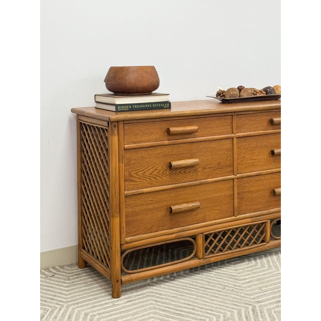 Vintage Petite Rattan 6-Drawer Dresser With Lattice Sides Coastal Boho MCM For Sale - Image 11 of 13