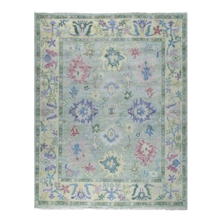 8x10 Green Hand-Knotted Wool Pastel Floral Field Classic Traditional Carpet Rug For Sale