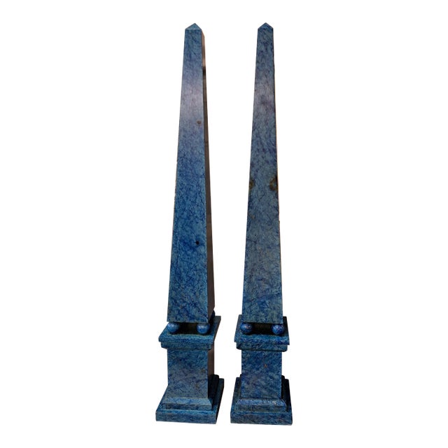 Vintage Pair of Lapis Paint Decorated Tall Obelisks For Sale