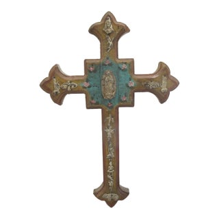 Mexican Turquoise Wood Folk Art Milagros Lady of Guadalupe Metal Charms Cross For Sale