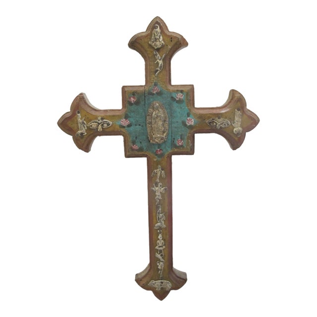 Mexican Turquoise Wood Folk Art Milagros Lady of Guadalupe Metal Charms Cross For Sale