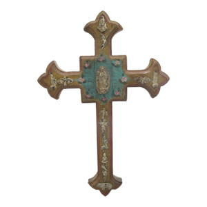 Mexican Turquoise Wood Folk Art Milagros Lady of Guadalupe Metal Charms Cross