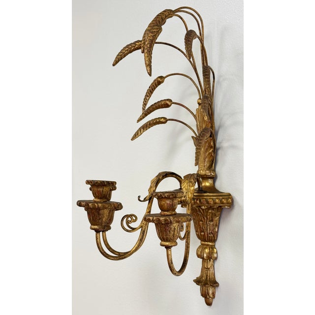 Early 20th Century Vintage Italian Gilt Wood Tole Sheaf of Wheat Candle Sconces, a Pair For Sale - Image 5 of 9