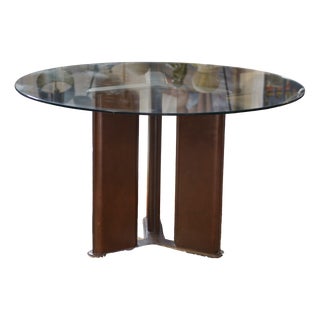 Circular Table with Base Covered in Brown Leather by Tito Agnoli for Matteo Grassi, 1970s For Sale