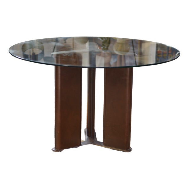 Circular Table with Base Covered in Brown Leather by Tito Agnoli for Matteo Grassi, 1970s For Sale