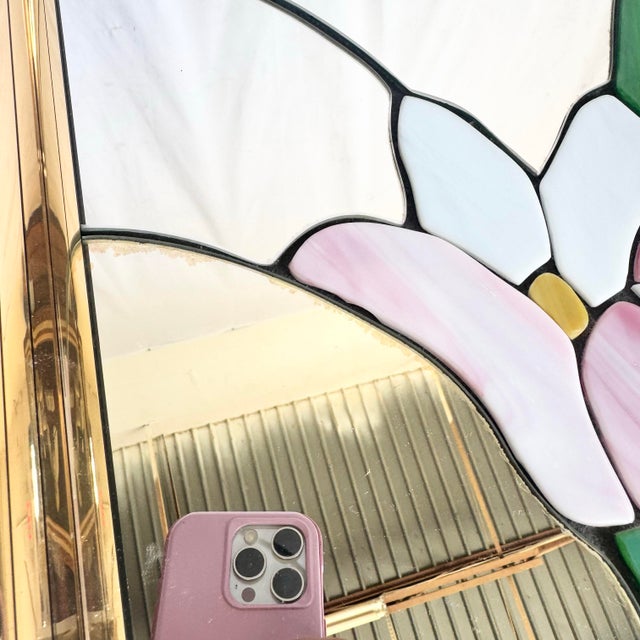Postmodern Lily Flower Stained Glass Gold Frame Wall Mirror For Sale - Image 10 of 11