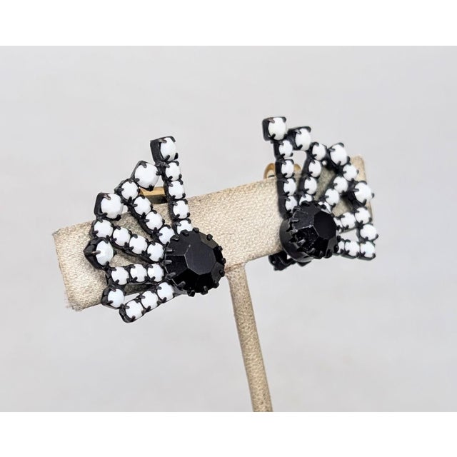 Vintage 1960s Signed Hobe Japanned Blue & White Rhinestone Clip Earrings-2 Pieces For Sale - Image 4 of 7