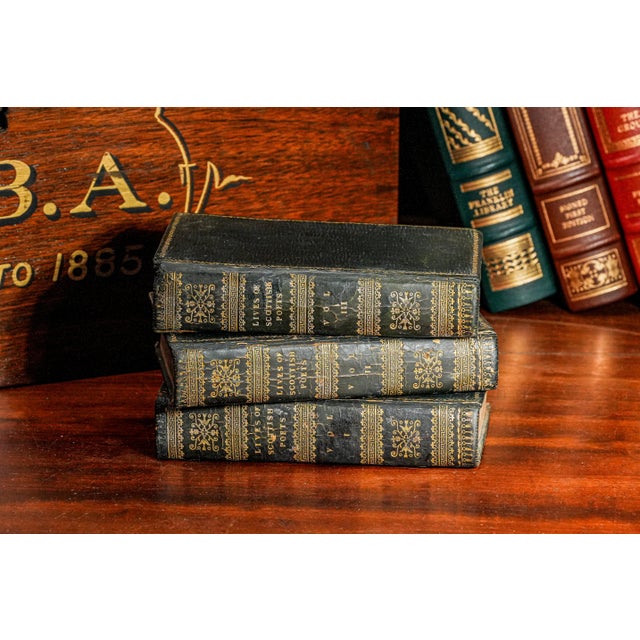 Victorian Rare Complete 3 Volume Antique Miniature Leather Book Set Lives of Scottish Poets Scotland Library Office Home Decor For Sale - Image 3 of 14